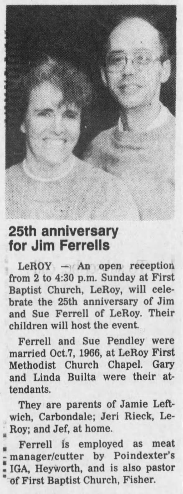 James Asa Ferrell and Sue Nell Pendley Ferrell 25th Anniv